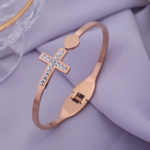 Double-layered rose gold stainless steel cross bracelet with rhinestones and heart design