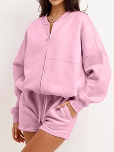 Pink women's two-piece casual set featuring a zip-up hoodie jacket and matching drawstring shorts