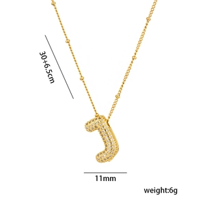 Detail view of 18K gold plated letter J necklace with dimensions and micro-pave zircons