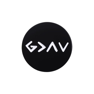 Minimalist round enamel pin with God is Greater than the Highs and Lows symbol in black