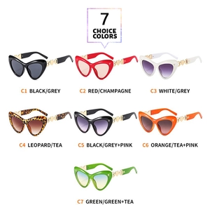 Detailed catalog of cat eye heart sunglasses in seven color variants and metal hinges