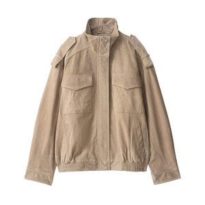 Women Suede Jacket Lapel Zip Up Utility Coat With Pockets Shoulder Tabs Elastic Hem Chic Vintage Outerwear For Ladies
