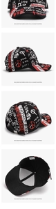 Detail views of graffiti baseball cap with 100% cotton material and street style patterns