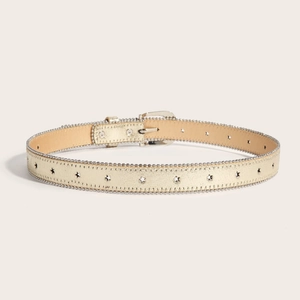 Detail of champagne gold kids belt with star cutouts and silver bead trimming