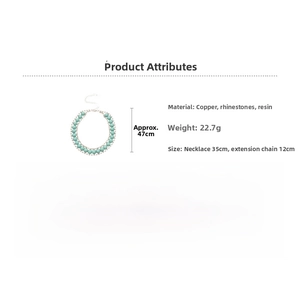 Détails du collier de perles vert menthe avec strass et spécifications de taille