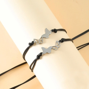 Bracelets assortis avec breloque papillon et corde tressée noire pour mère et fille