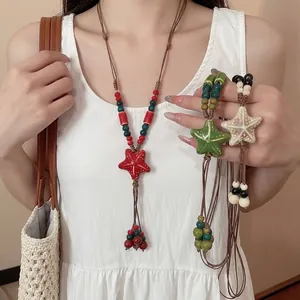 Sea Star Pendant Necklace Handmade Ceramic Colorful Beaded Wax Rope Tassel Bohemian Beach Resort Style For Women