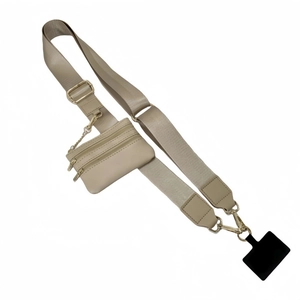 Detail view of adjustable beige nylon phone strap with integrated zipper coin purse