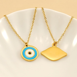 Gold stainless steel evil eye necklace with blue and white pendant from multiple angles