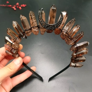 Handmade moon crown with natural smoky quartz crystals and black crescent moon