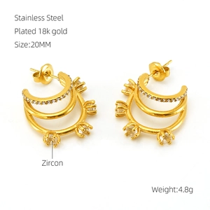 Macro shot of 18K gold plated multi-layer C-shape earrings with zircon inlay details