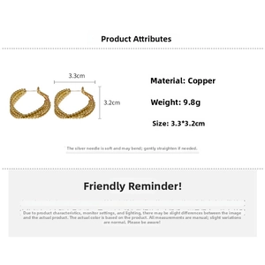 Detailed view of golden beaded hoop earrings showing size 3.3cm and 9.8g weight specs