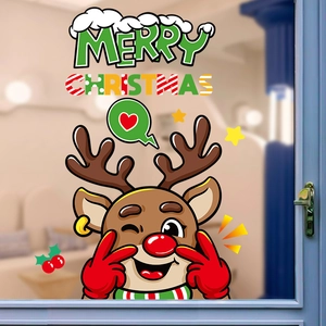 Cartoon reindeer Christmas window sticker with Merry Christmas text on glass background