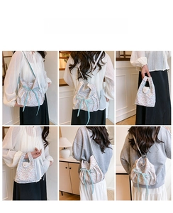 Detailed views of floral nylon bag showing shoulder, crossbody, and backpack styling
