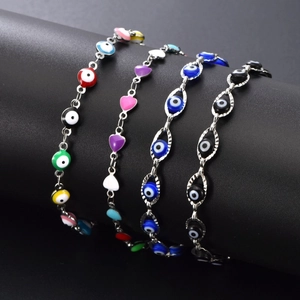Set of four stainless steel evil eye bracelets with colorful enamel charms for women