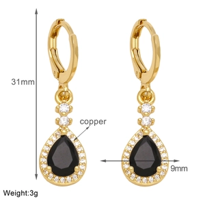 Detail view of pear-shaped drop earrings with black gemstone and dimensions display
