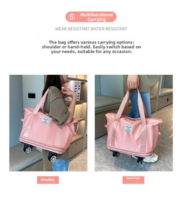 Pink waterproof travel bag showing swivel wheels and versatile shoulder or hand carry modes