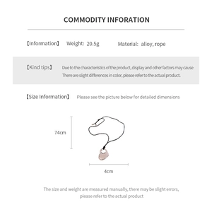 Detailed chart showing alloy heart pendant weight 20.5g and 74cm rope length