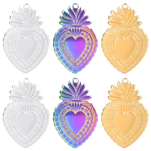 Collier Pendentif Cœur Sacré Acier Inoxydable Flamme Fleur Gaufrée Milagro Heart Bijoux Folk Pour Hommes Femmes