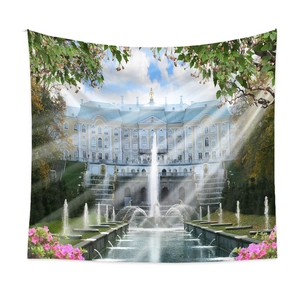 Detail of wall tapestry featuring European palace garden with fountain and golden sunlight
