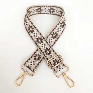Detail of 3.8cm jacquard canvas bag strap with geometric snowflake pattern and gold buckles