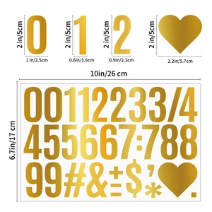 Detail of 2-inch gold foil number and symbol stickers with precise size measurements