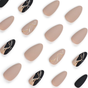 Matte nude and black almond press-on nails with gold glitter marble and wave patterns