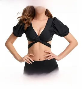 Detail of black puff sleeve bikini set with twisted front and crisscross waist ties