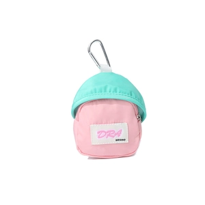 Mini backpack keychain in pink and mint green nylon with silver carabiner and zipper