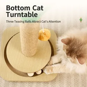 Multifunctional wooden cat scratching post with 3-ball spinning track and plush toy ball