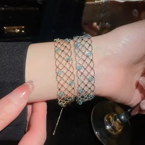 Elegant hollow mesh crystal bead bracelets in gold and silver with adjustable cord closure