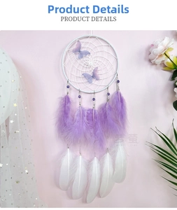 Detail of handmade butterfly dreamcatcher with purple feathers and intricate white woven net
