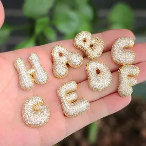 Chubby balloon bubble letter pendants with sparkling cubic zirconia on gold plated brass
