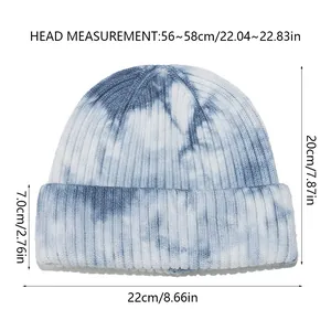 Size chart for tie-dye beanie showing head measurement 56-58cm and height 20cm