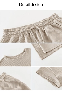 Detail design of beige waffle knit set showing drawstring waist and round neckline