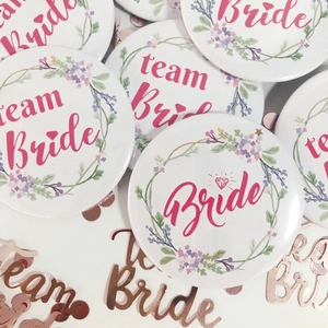 Floral Bride to Be and Team Bride tinplate badges for bridal party celebrations