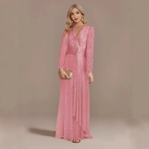 Elegant pink sequined long sleeve V-neck evening gown with twist front detail and floor length