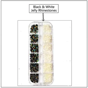 Detail of 12-grid organizer box with black and white nail art resin rhinestones