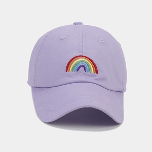 Detail of lavender cotton baseball cap with colorful rainbow embroidery on the front