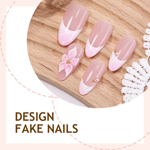 30pcs 3D Almond Fake Nails with hand-painted floral designs and pearl accents