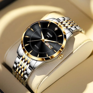 Mens business watch with black dial and gold-silver metal strap on beige cushion
