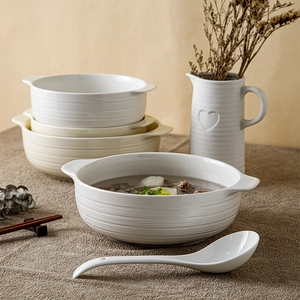 Ceramic Soup Bowl With Double Handles Anti Scald Ribbed Texture Minimalist Microwave Oven Safe Large Capacity Kitchenware