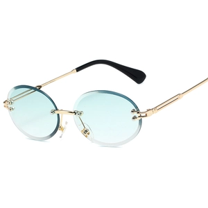 Frameless oval sunglasses with light blue gradient lenses and slim gold metal frame