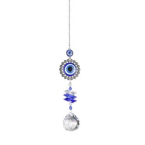 Macro detail of Turkish Evil Eye pendant with blue crystal beads and multifaceted prism ball