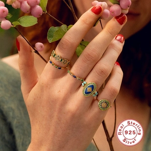 Bohemian style S925 sterling silver colorful gemstone rings on a female hand