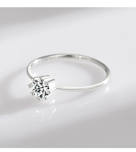 Detailed close-up of S925 sterling silver ring with six-prong set round diamond solitaire