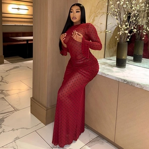 Polka Dot Mesh Maxi Dress Ruched Slim Fit Long Flare Sleeve Round Neck Evening Party Banquet Bodycon Elegant