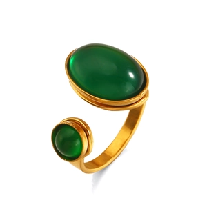 Gold stainless steel ring with dual green cabochon stones on a minimalist open band