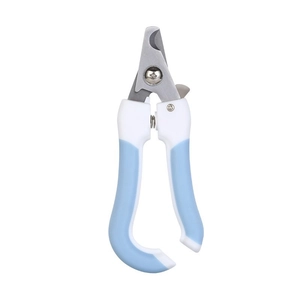 Blue and white pet nail clipper with stainless steel blade and safety lock on white background