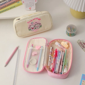 Large capacity cute stationery pouch with mesh pockets and bunny animal illustration